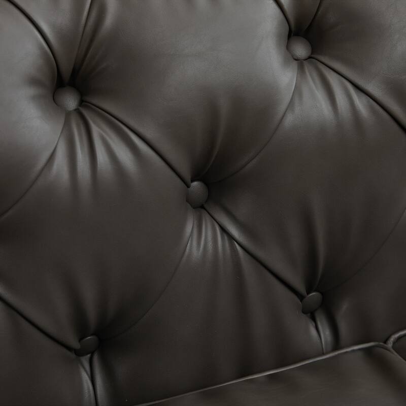 Vintage PU Button-Tufted Sofa Couch, Flared Arms, Rubberwood Legs & Nailhead Trim