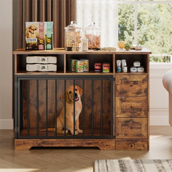 BEURUKU 48" Dog Crate Furniture – Heavy Duty Kennel With Tabletop & 2 Adjustable Bowls, Brown