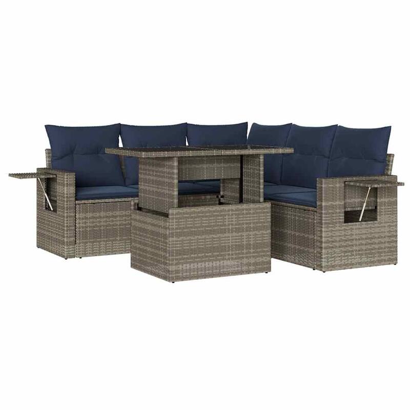 vidaXL 6 Piece Patio Sofa Set with Cushions Black/Gray Poly Rattan - 24.4 x 24.4 x 27.2