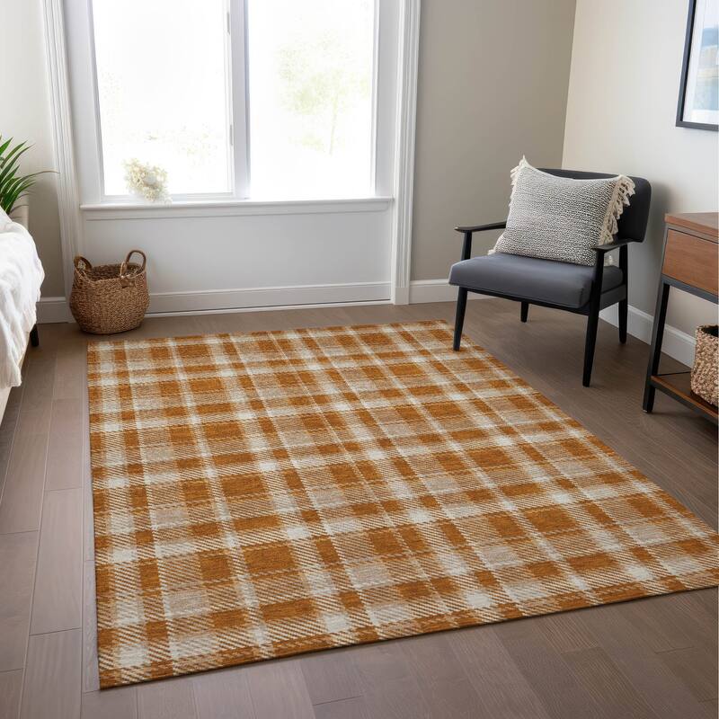Machine Washable Indoor/ Outdoor Traditional Plaid Chantille Rug