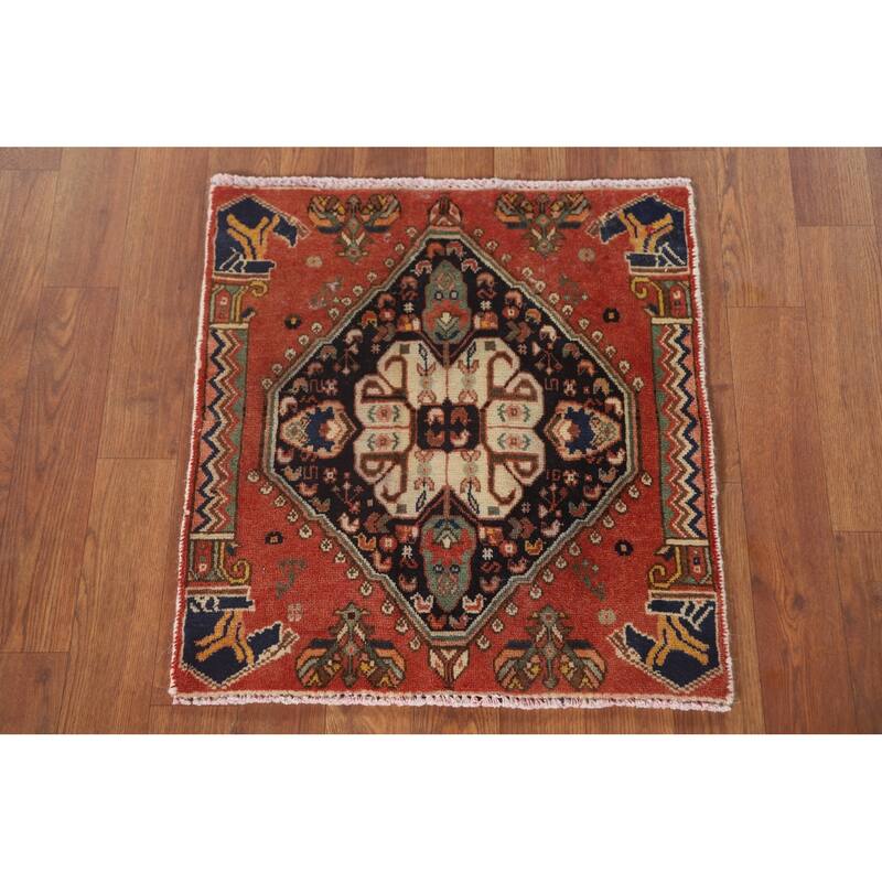 Geometric Abadeh Persian Vintage Square Rug Hand-Knotted Wool Carpet - 1'10" x 1'11"