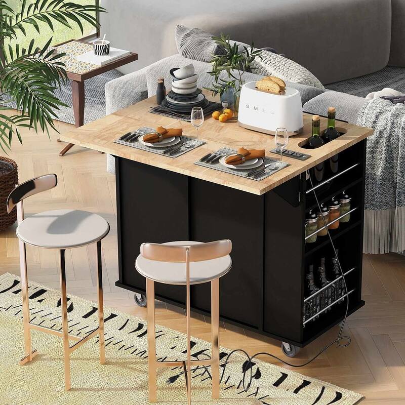 47" Modern Kitchen Cart with Electrical Outlet, Rubberwood Kitchen Island with Drop Leaf and Adjustable Storage Cabinet