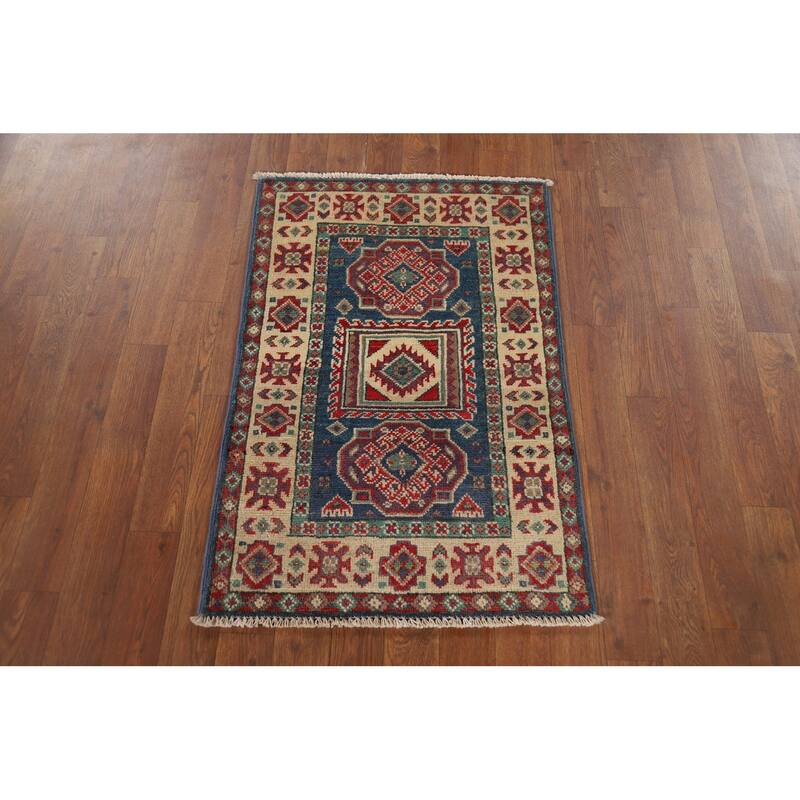 Blue Geometric Kazak Foyer Rug Handmade Wool Carpet - 2'0" x 3'0"