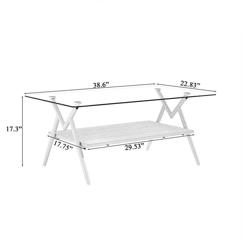 Rectangle Coffee Table with Tempered Glass top and White Metal Legs - N/A