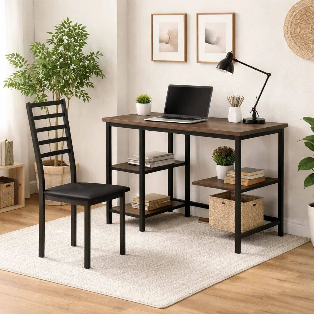 Metal And PU Study Computer Set With Writing Desk And PU Chair, Black