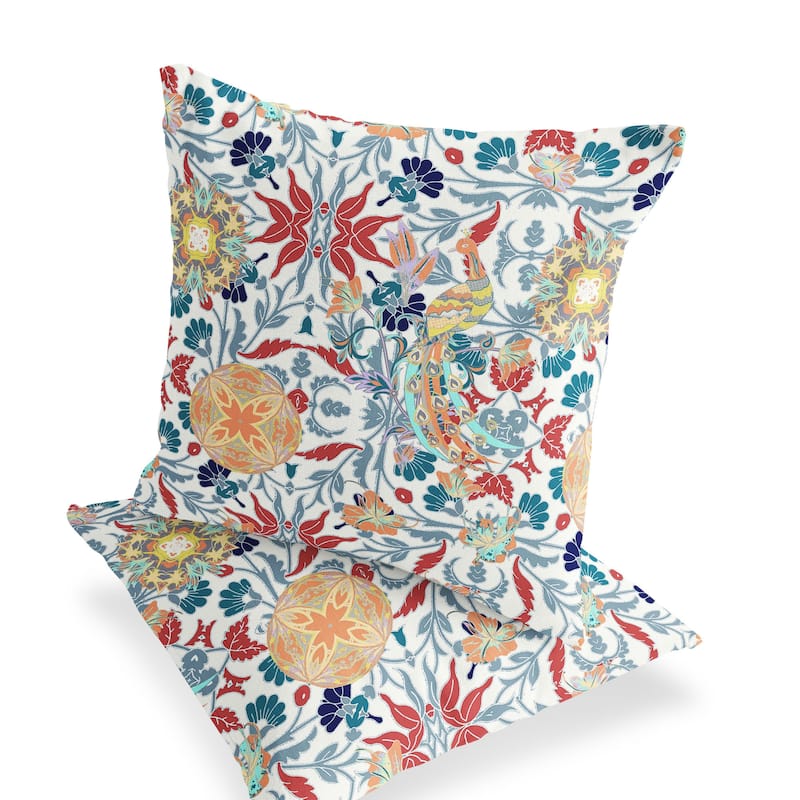 HomeRoots Set of Two 16" X 16" Red and White Peacock Blown Seam Eclectic Indoor Outdoor Throw Pillow - 16.00' X '16.00' X '5.00