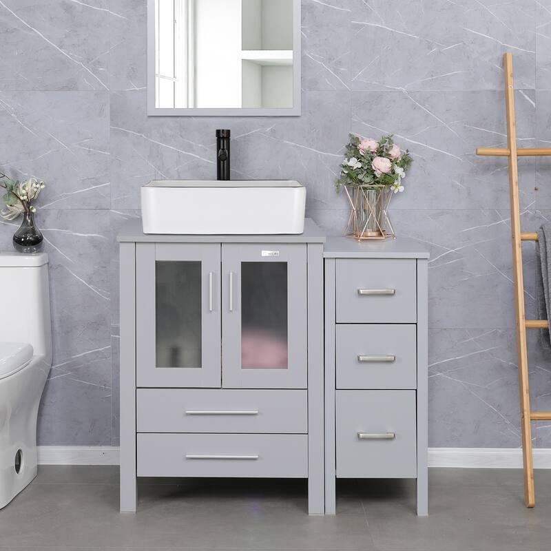 36" Bathroom Vanity Sink Gray Set with Side Cabinet Vessel Sink Faucet Combo - black line ceramic sink