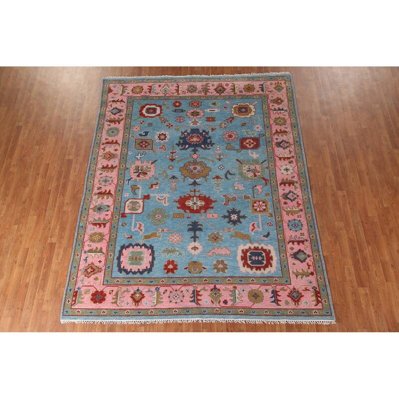 Light Blue Oushak Area Rug Hand-Knotted Transitional Wool Carpet - 7'9"x 9'9"