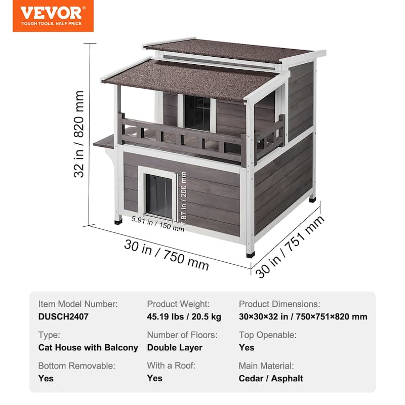 Outdoor Cat House Weatherproof, Feral Cat Shelter for Multiple Cats, 2-story Large Outdoor Wooden Cat House - 30"L x 30"W x 32"H