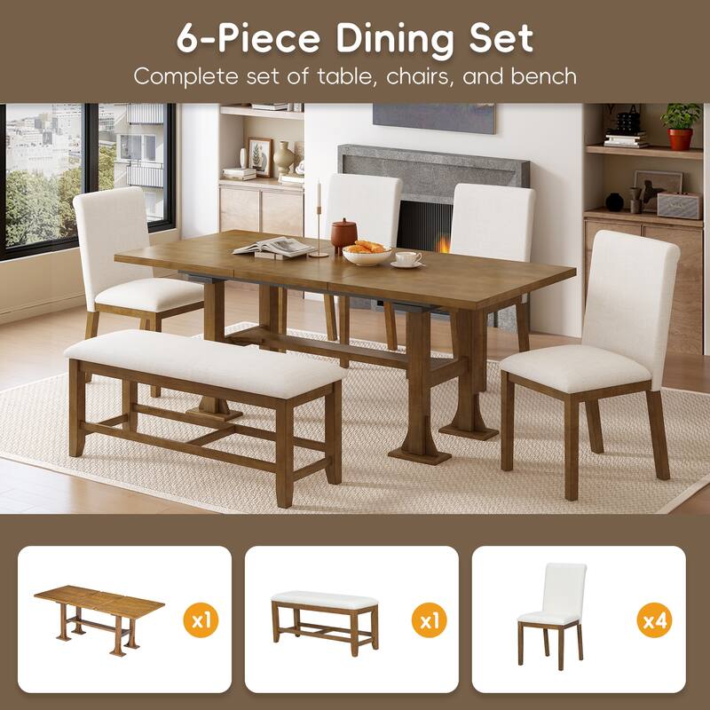 6-Piece Extendable Dining Table Set, Farmhouse Kitchen Table Set with Removable Leaf and Upholstered Dining Chair and Bench