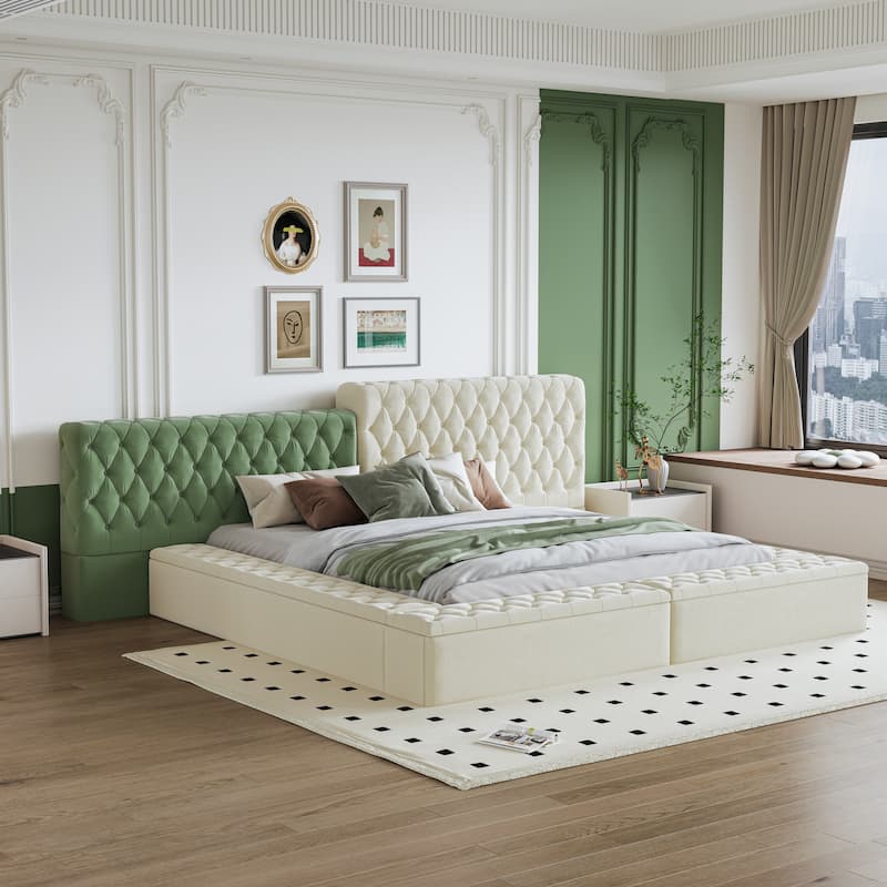 Beige King Size Upholstered Platform Bed with Deep Tufting