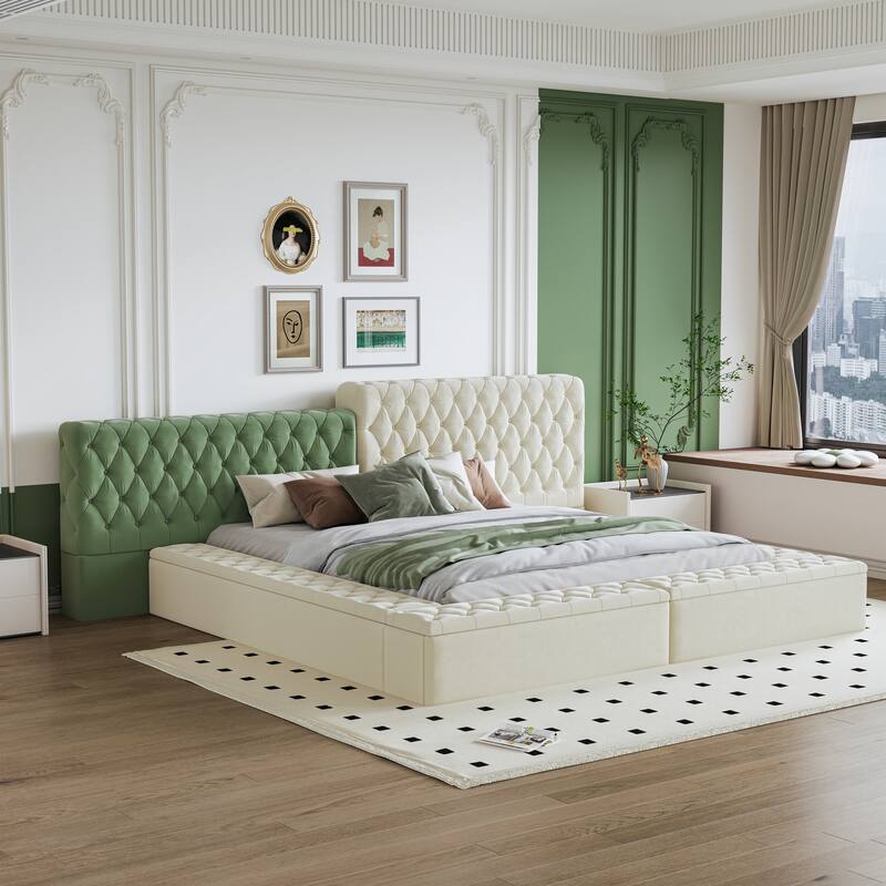 King Size Special-shaped Fully Upholstered Platform Bed with Deep Button Tufting and Storage