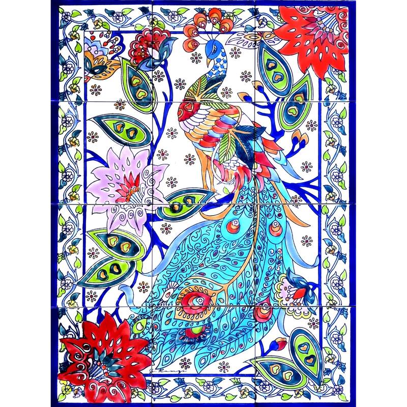 18in x 24in Peacock Design Backsplash 12pc Mosaic Tile Wall Mural