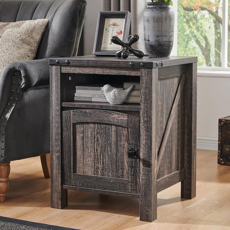 Farmhouse Nightstand with Charging Station, Wood End Table, Side Table - Dark Rustic Oak