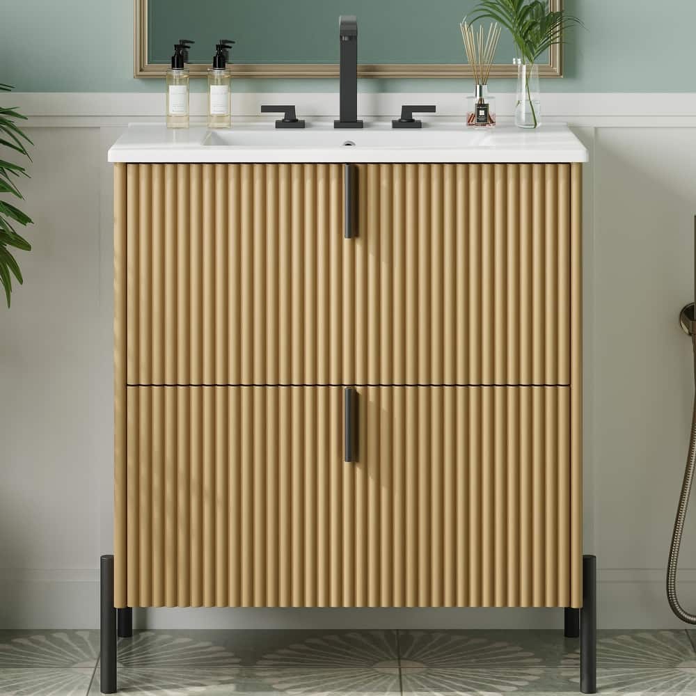 30" Bathroom Vanity with Ceramic Sink, Equipped with Vertical Pulls and Full-Extension Drawers, Freestanding Bathroom Vanity