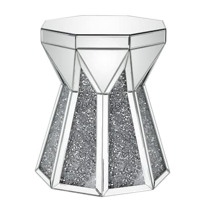 Multiple Faceted Mirrored End Table with Faux Diamonds, Silver - 24 H x 20 W x 20 L Inches