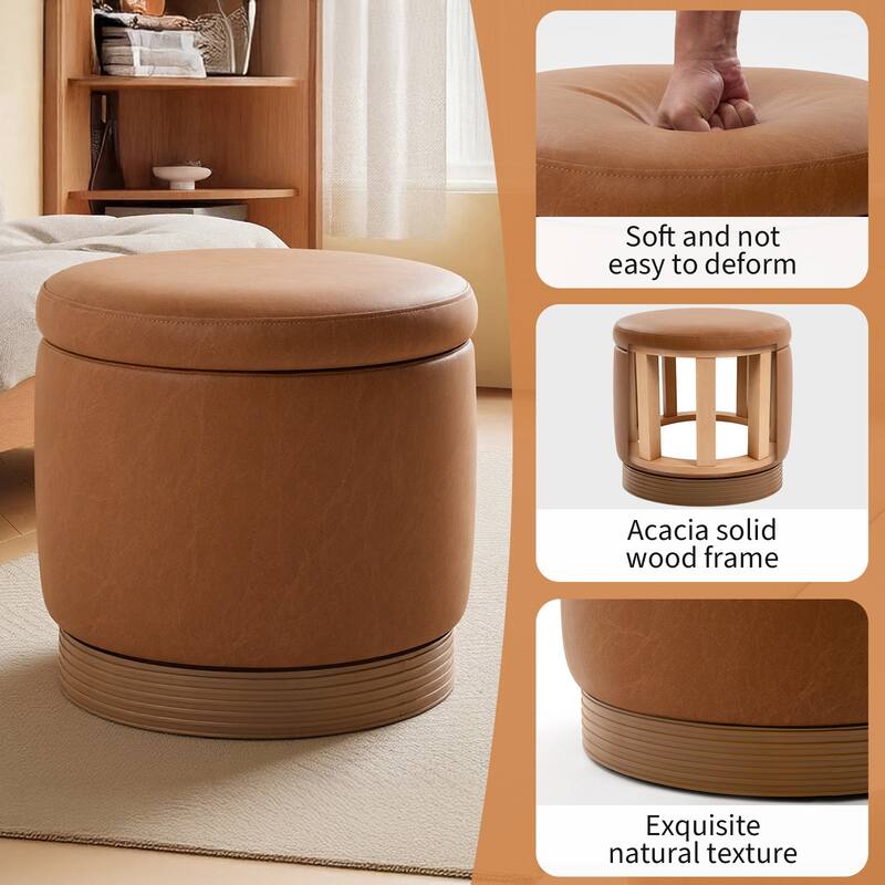Round Swivel Storage Ottoman Footstool with Flip-top and Acacia Frame