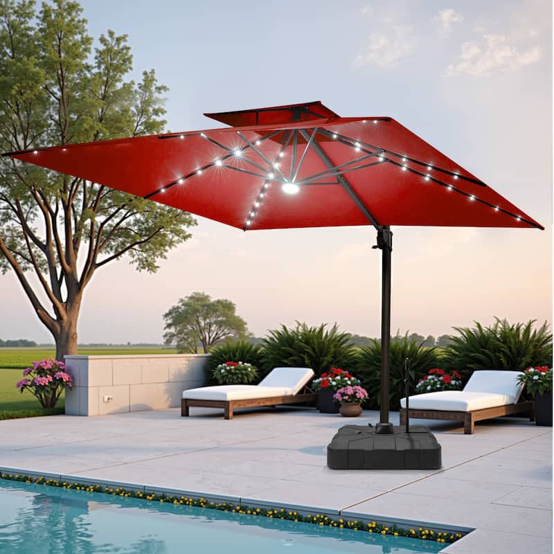 Pellebant 9x11 FT Outdoor Patio Double Top Cantilever Umbrella Solar LED Lighted with Rod Base