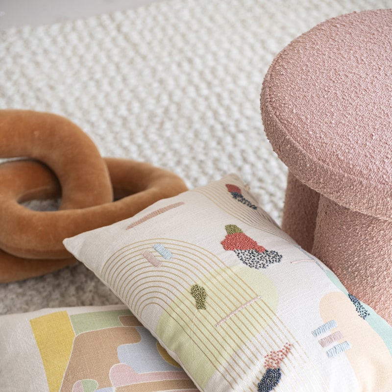 Boucle Fabric Upholstered Stool with Wood Legs - 16.9"L x 16.9"W x 17.8"H