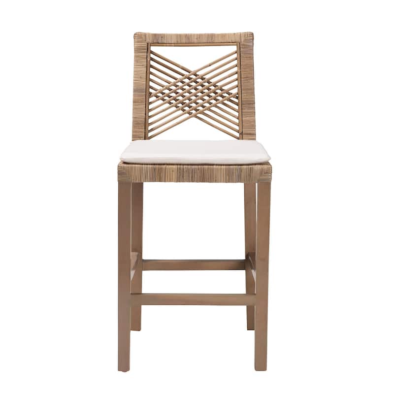 Poltak Modern Bohemian Grey Natural Kubu Rattan and Mahogany Wood Counter Stool