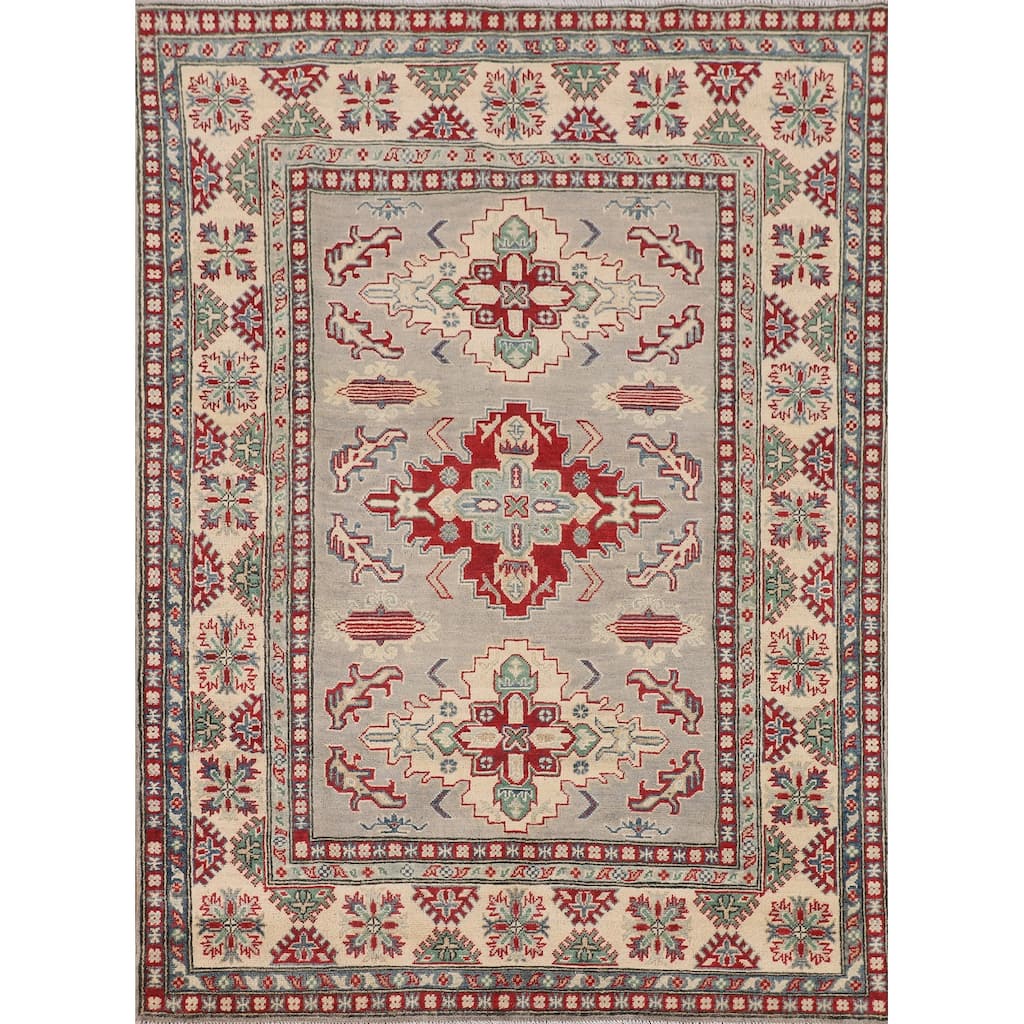 Grey Traditional Kazak Oriental Area Rug Hand-Knotted Wool Carpet - 5'0" x 6'8"