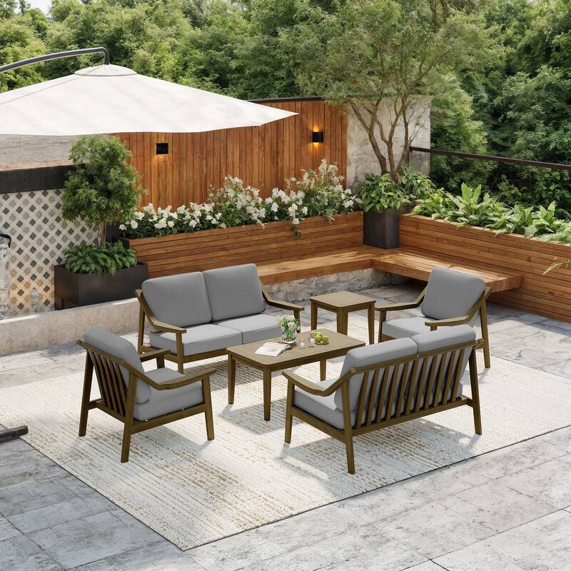 6-piece Wood Patio Chat Set Teak Conversation Set with Cushion