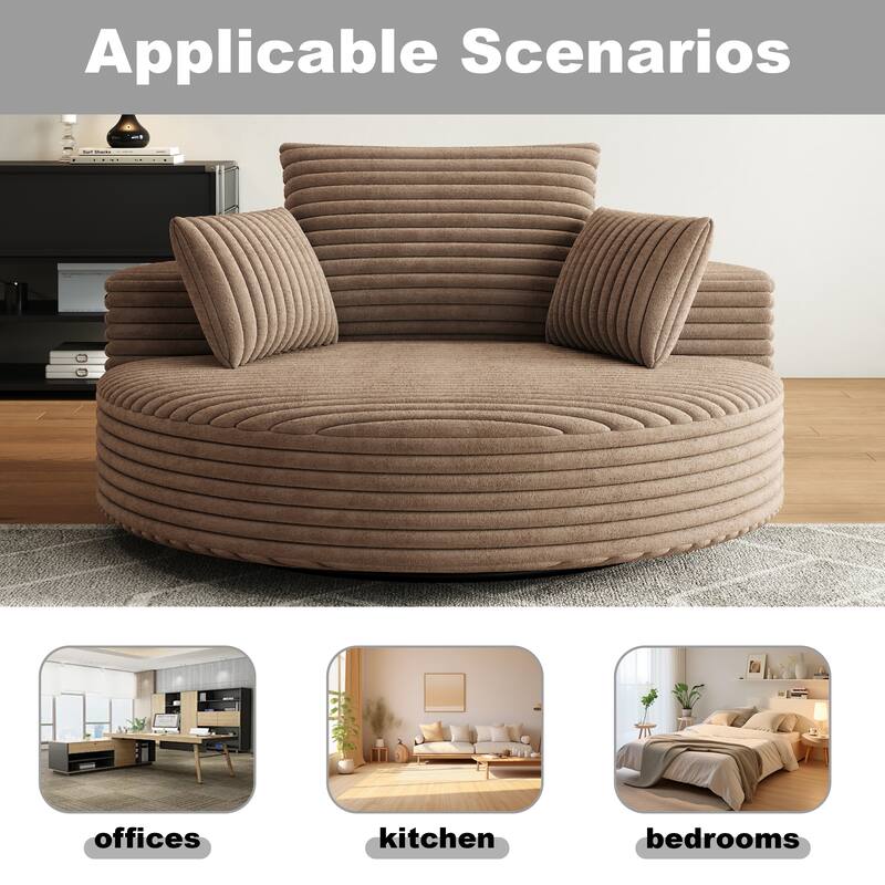 Oversized Swivel Accent Chair, Corduroy Round Lounge Sofa Chair, Upholstered Reading Armchair with Back Cushion & 2 Pillows