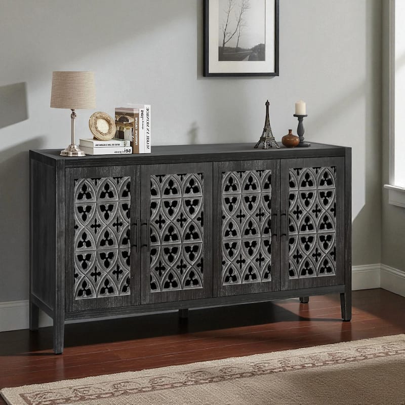 59.8" Hollow Carved 4-Door Antique Sideboard Buffet Cabinet, American Country Style Storage Console for Living Room
