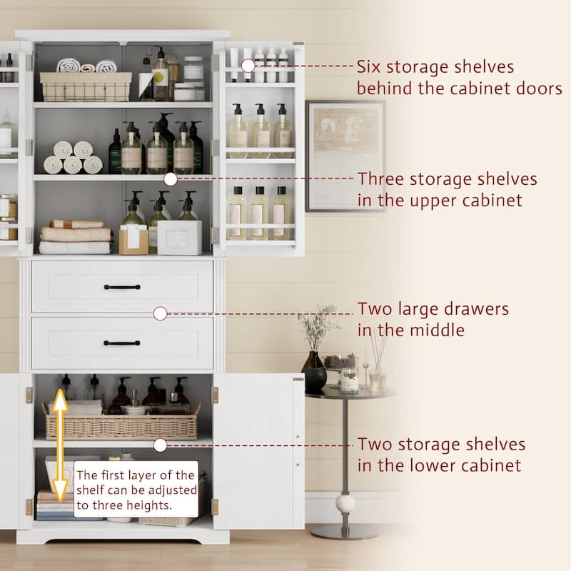 Multi-Functional Storage Cabinet with Doors and Drawers, Adjustable Shelf, Anti-Tip Design for Kitchen or Bathroom