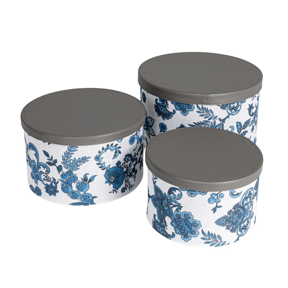 Household Essentials Nestable Hat Boxes with Faux Leather Lids, Set of 3