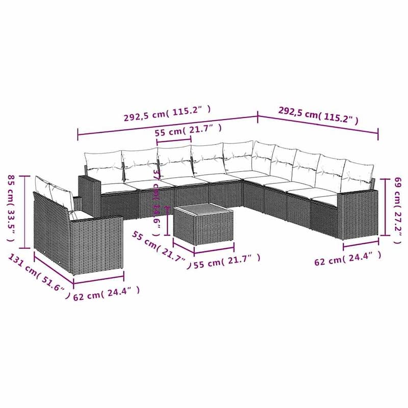 vidaXL Garden Sofa Set Black, Cream White - 115.2 x 115.2 x 27.2