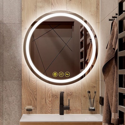 SmartShine Contemporary LED Dimmable 28" Round Anti-Fog Backlit Bathroom Vanity Mirror - Clear