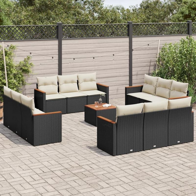 vidaXL Patio Sofa Set with Cushions Outdoor Conversation Furniture Poly Rattan - Black and cream with table - 21.7 x 21.7 x 14.6 in