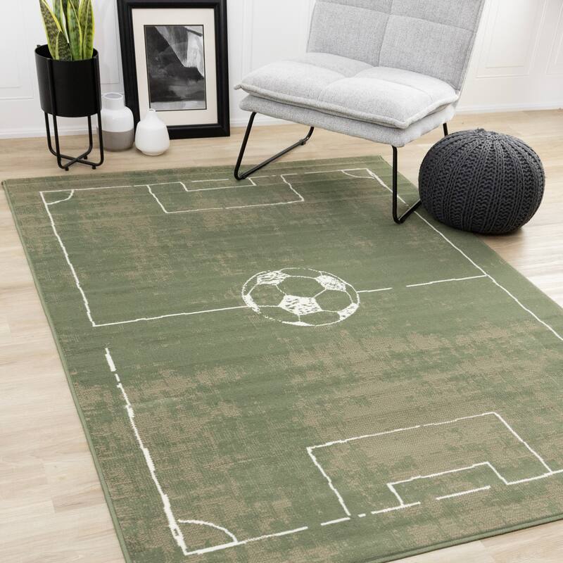 Green Brown Soccer Field Kids Area Rug