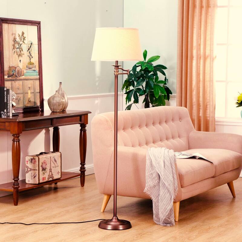 Brightech Caden 62 in. Oil Brushed Bronze Mid-Century Modern Extendable LED Floor Lamp with Beige Fabric Drum Shade