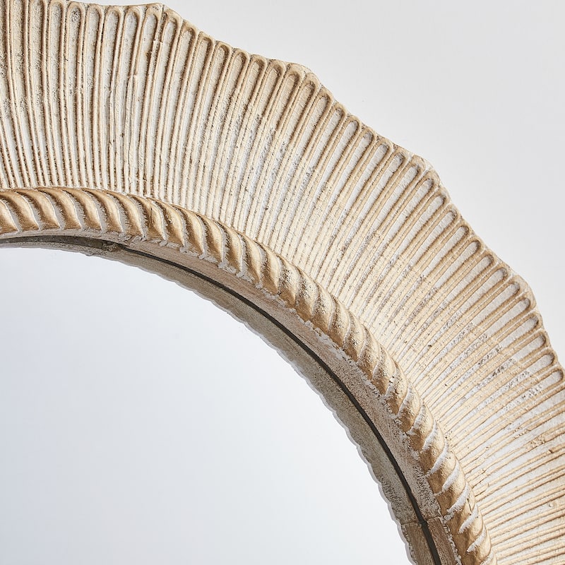 30" Bohemian Beige Round Wooden Decorative Bathroom Vanity Wall Mirror