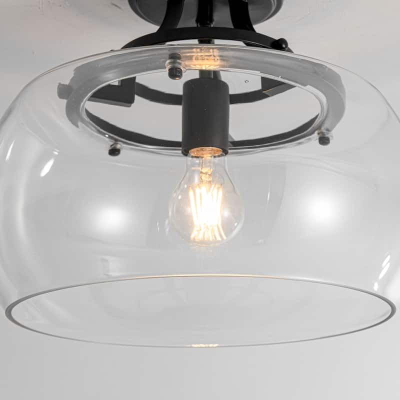 1-Light 13.8" W Modern Schoolhouse Matte Black Semi-Flush Mount Ceiling Light with Clear Dome Glass Shade for Bedroom