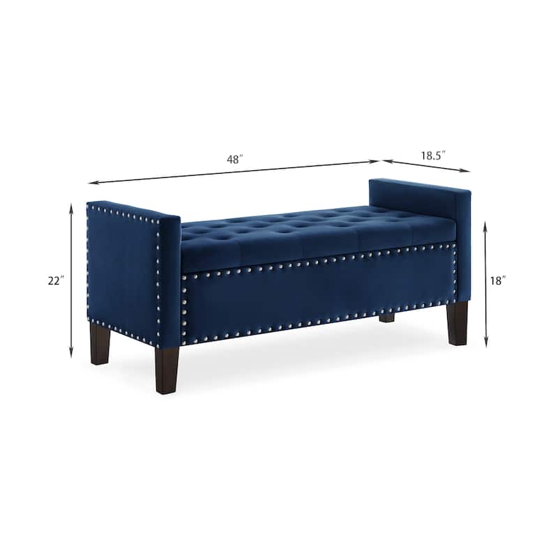 Velvet Storage Ottoman Bench with Armrests, Tufted Upholstered End of Bed Bench with Nailhead Trim for Bedroom, Entryway
