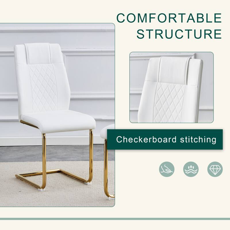 Roomfitters 5pcs Round White Marble Dining Table Set with PU Chairs and Golden Metal Arched Legs, White