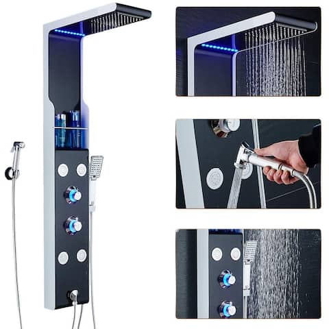 55 in. LED Shower Panel System and Bidet Sprayer in Black and Silver