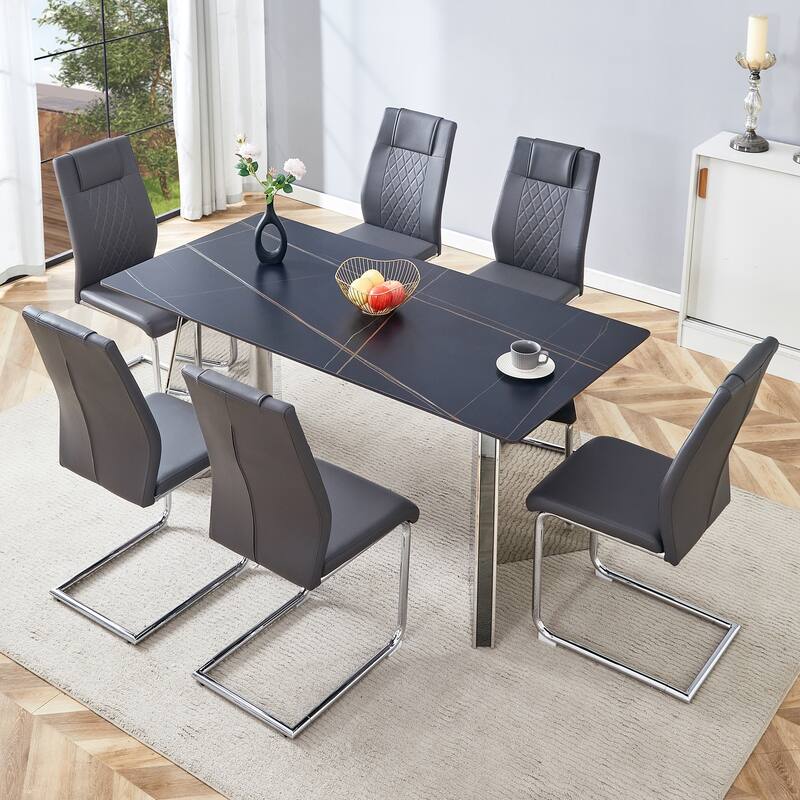 Roomfitters 7pcs Marble Pattern Dining Table Set with Stainless Butterfly Legs and PU Upholstered Chairs