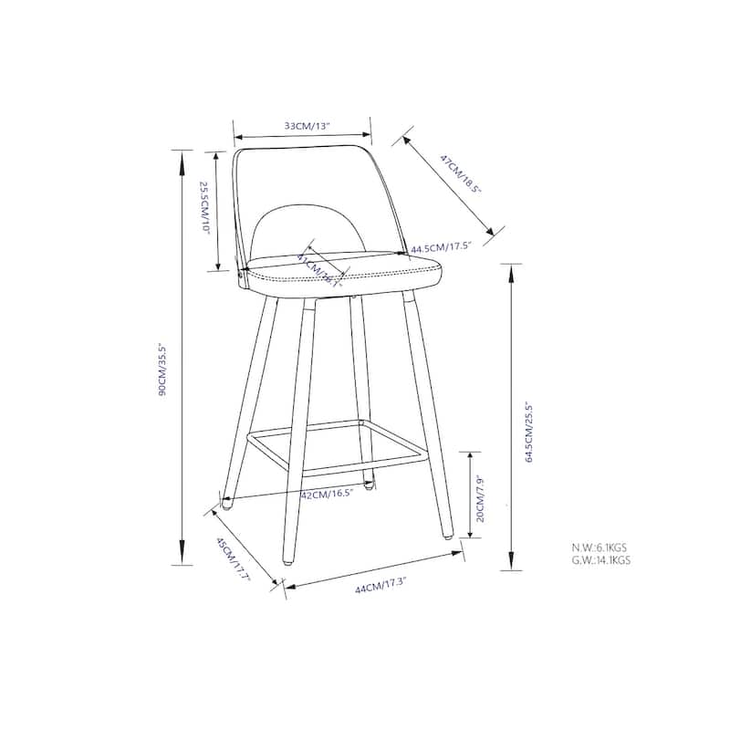 WYNDENHALL Sevyn Contemporary 16" Counter Height Stool (Setof 2) in Black PU faux leather - 18.9" D x 17.5" W x 35.4"H