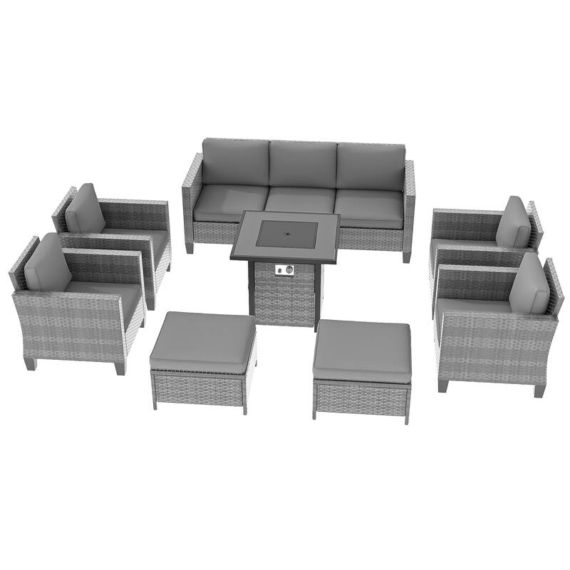 Livoosun 8 Pieces Patio Sofa with 28'' Fire Table Set, PE Wicker, Wide Armrests High Back Sofa Chair Design for Lawn, Patio