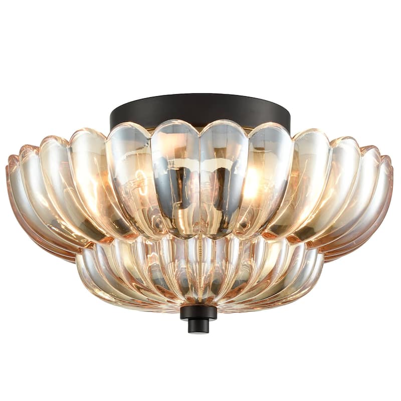 Roscana Modern Black Metal with Scalloped Glass Shade Semi Flush Mount 3-Lights - Black & Amber Glass
