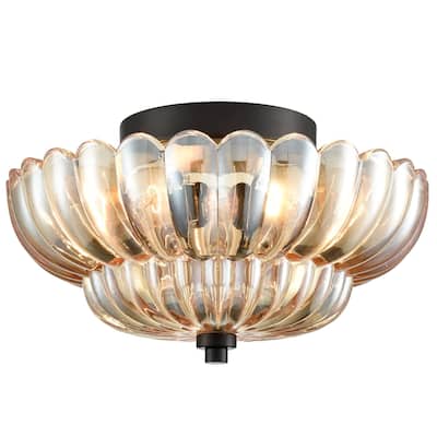 Roscana Modern Black Metal with Scalloped Glass Shade Semi Flush Mount 3-Lights