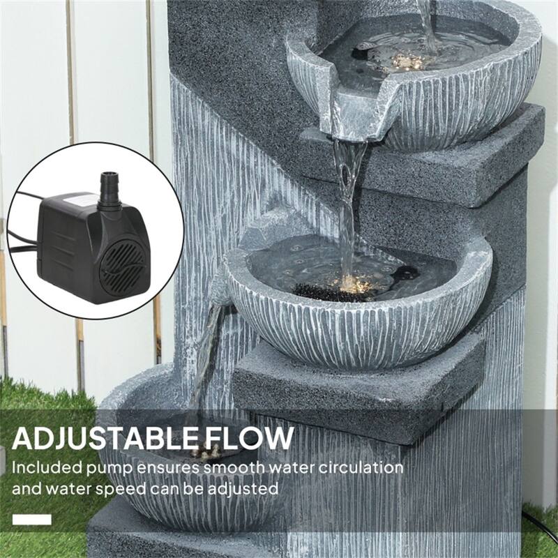 Four-Tier LED Water Fountain Gray Resin Outdoor Patio Garden Backyard with Pump and Cascading Bowls - Grey