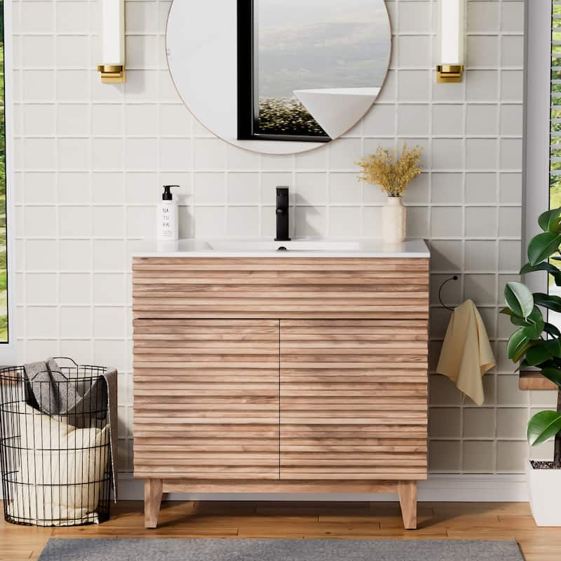 Bathroom Vanity Set W/Drop in Sink Faucet Cabinet Combo - 36 in & ceramic sink - Walnut