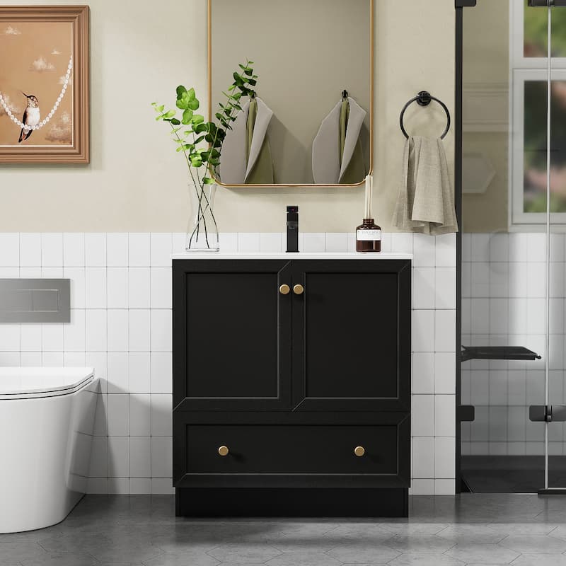 Solid Wood Bathroom Vanity Cabinet with Ceramic Undermount Sink Top Skirting Design - 30 in - Black