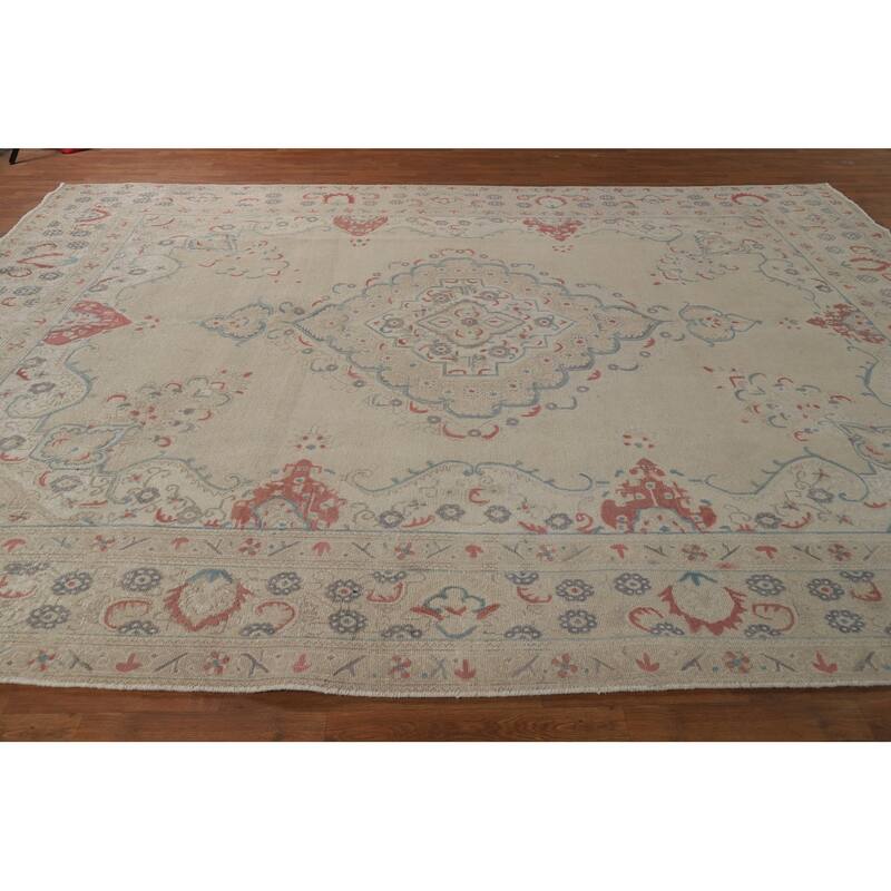 Medallion Tabriz Persian Area Rug Hand-Knotted Beige Wool Carpet - 9'2"x 12'8"