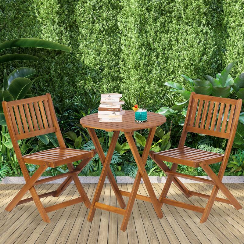 Acacia Wood Bistro Set with 2 Folding Chairs & Round Table, 3-Piece - Light Brown